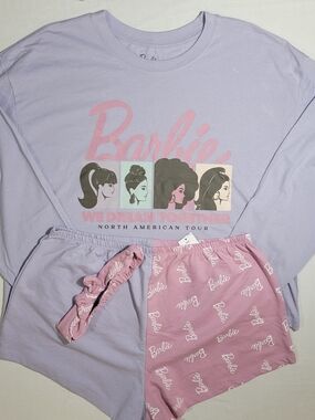 Barbie (Womens L) Lilac & Pink Logo Pajama Set Long sleeve Top, Shorts, Headband